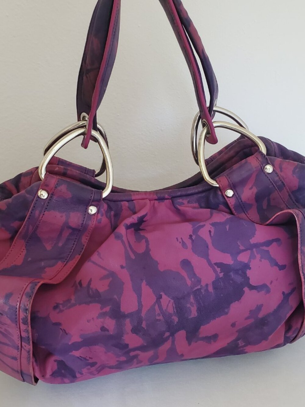 Kooba Leather Purse Hobo Handbag purple navy blue fuscia pink painted tie dyed - Picture 15 of 16